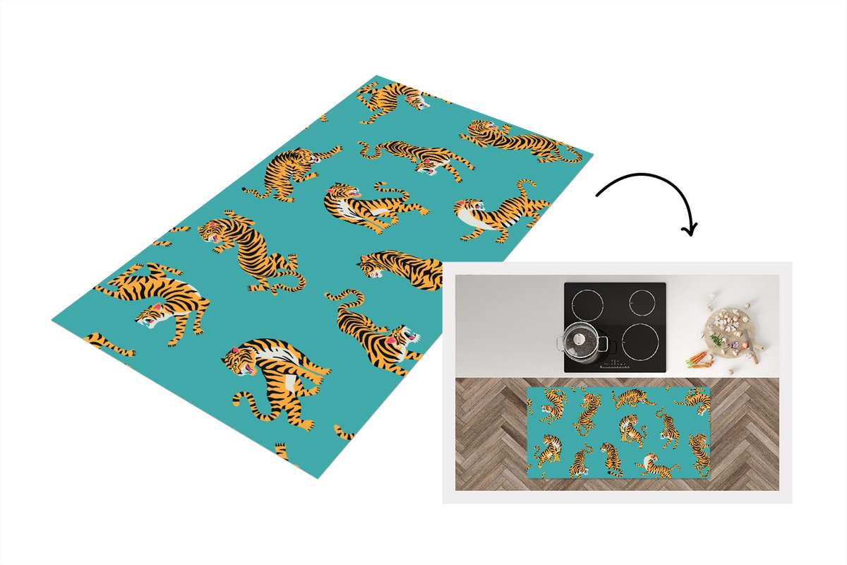KitchenYeah Keukenloper - Loper keuken - Tijgers - Patroon - Blauw - Keukenloper vinyl, foto 2