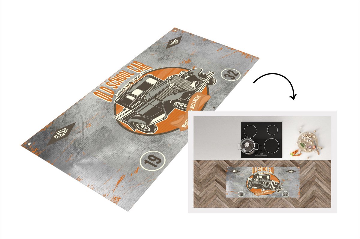 KitchenYeah Keukenloper - Loper keuken - Mancave - Auto - Vintage - Poster - 120x50 cm - Keukenloper vinyl Multicolor
