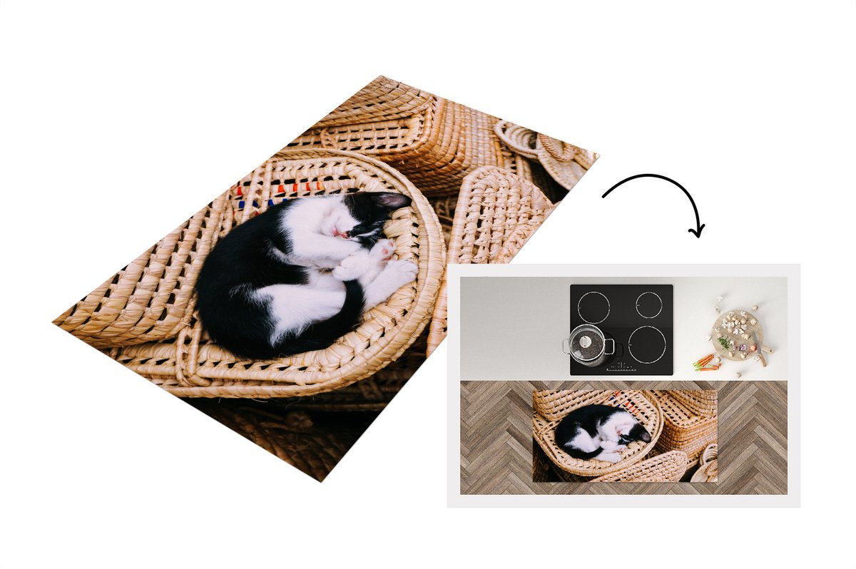 KitchenYeah Keukenloper - Loper keuken - Kat - Mand - Zwart - Wit - 120x60 cm - Keukenloper vinyl Multicolor