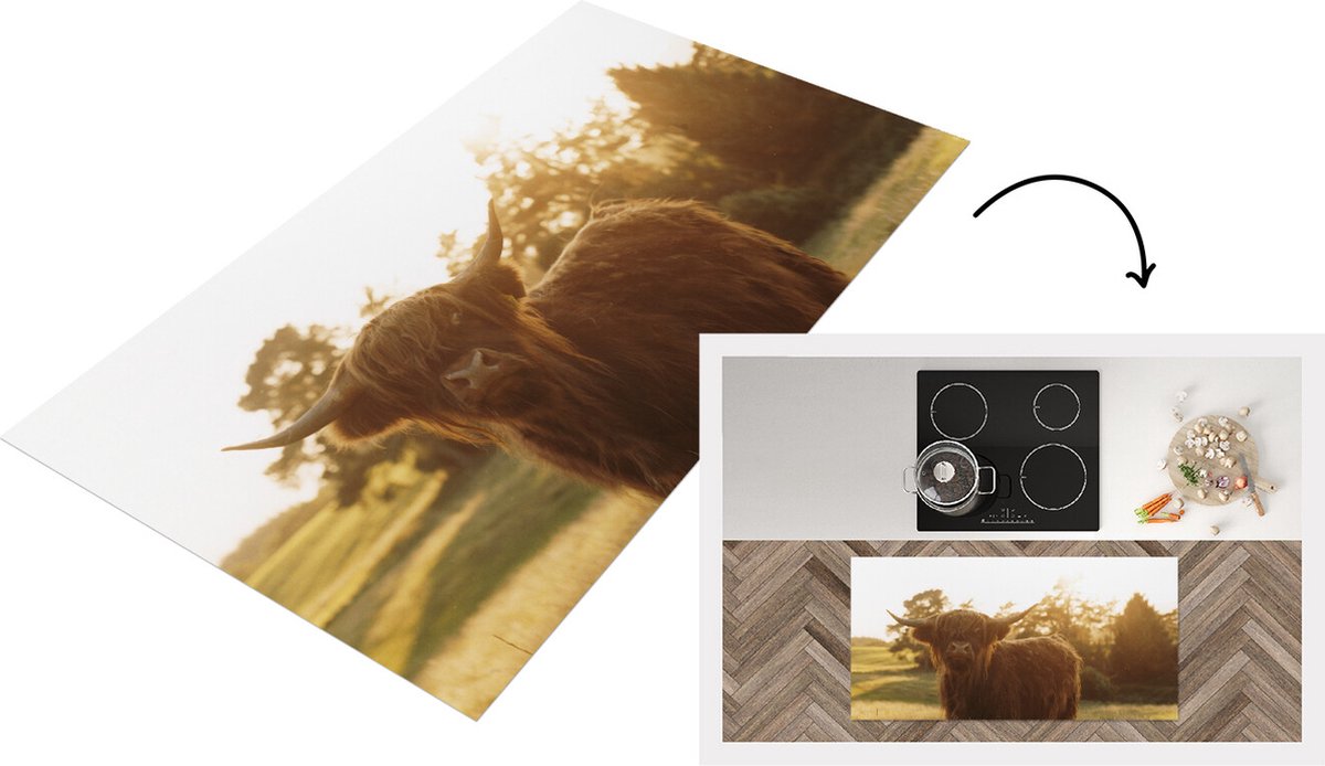 KitchenYeah Keukenloper - Loper keuken - Schotse hooglander - Gras - Zon - 120x60 cm - Keukenloper vinyl Multicolor