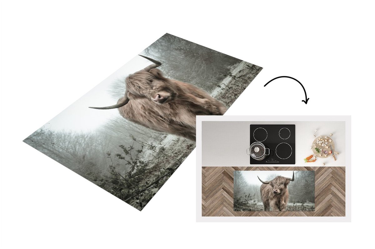 KitchenYeah Keukenloper - Loper keuken - Schotse Hooglander - Bos - Mist - 120x60 cm - Keukenloper vinyl Multicolor