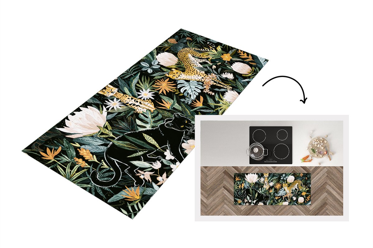 KitchenYeah Keukenloper - Loper keuken - Jungle - Planten - Kat - 120x50 cm - Keukenloper vinyl Multicolor