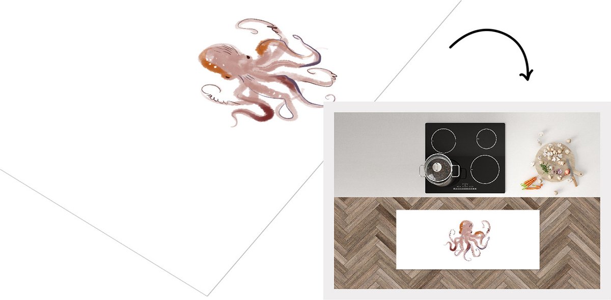 KitchenYeah Keukenloper - Loper keuken - Dieren - Octopus - Zee - Waterverf - 120x50 cm - Keukenloper vinyl Multicolor