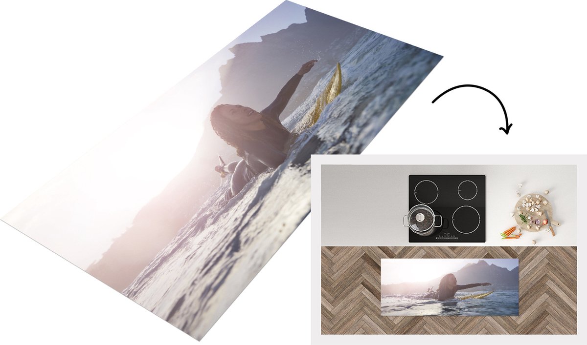 KitchenYeah Keukenloper - Loper keuken - Vrouwelijke surfer peddelt - Keukenloper vinyl Multicolor