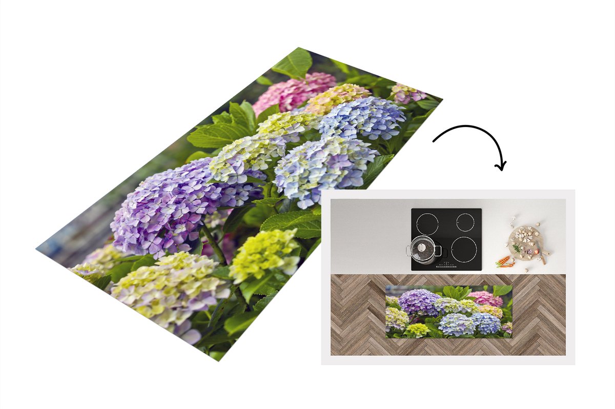 KitchenYeah Keukenloper - Loper keuken - Verschillende hortensia bloemen - 120x50 cm - Keukenloper vinyl Multicolor