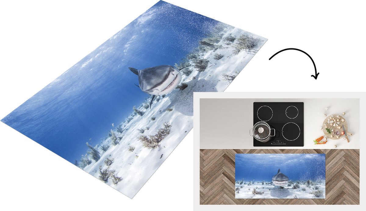 KitchenYeah Keukenloper - Loper keuken - Aanzwemmende haai - 120x60 cm - Keukenloper vinyl Multicolor