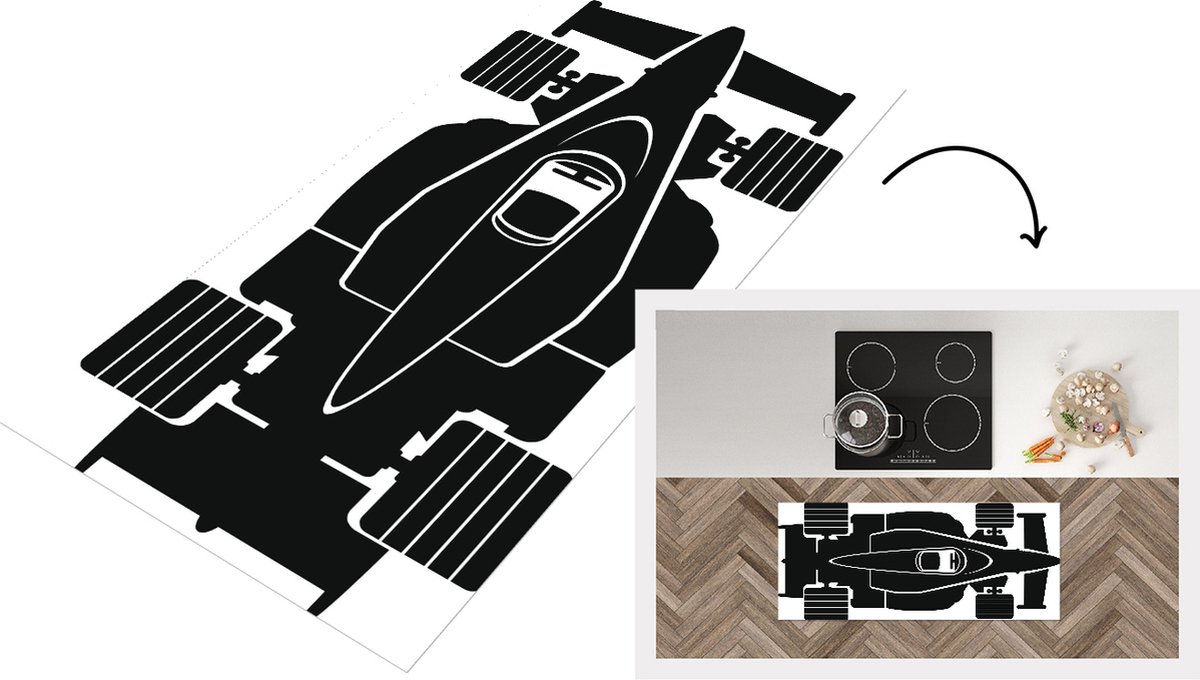 KitchenYeah Keukenloper - Loper keuken - De bovenkant van een Formule 1 racewagen in een illustratie - 120x50 cm - Keukenloper vinyl Multicolor