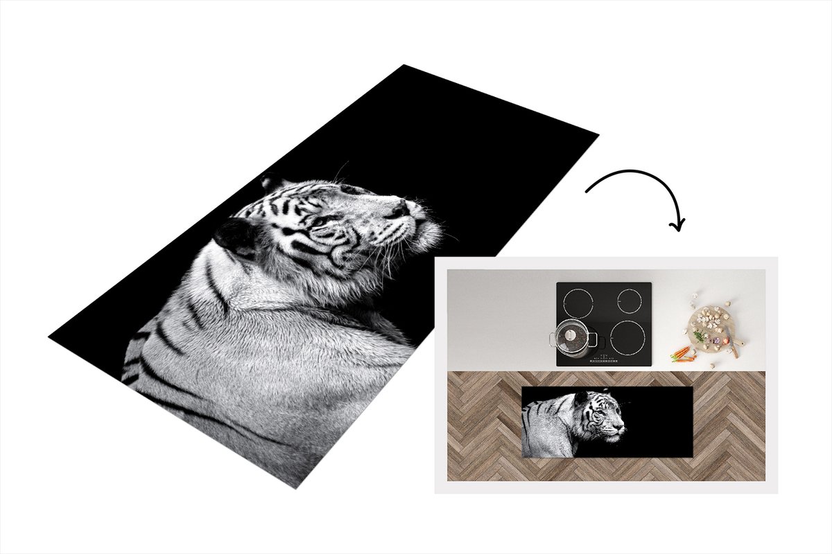 KitchenYeah Keukenloper - Loper keuken - Studio shot witte tijger op zwarte achtergrond in zwart-wit - 120x50 cm - Keukenloper vinyl Zwart; Wit