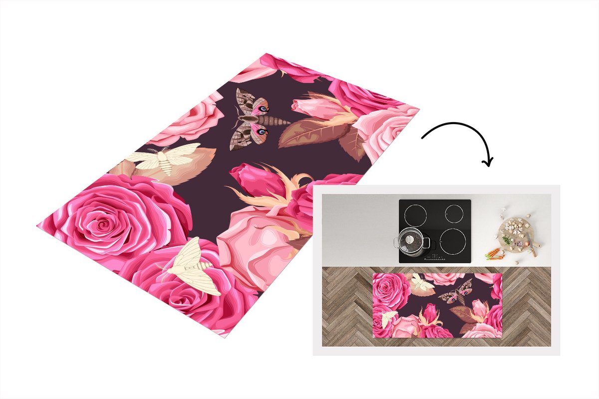KitchenYeah Keukenloper - Loper keuken - Rozen - Vlinders - Roze - 120x60 cm - Keukenloper vinyl Multicolor