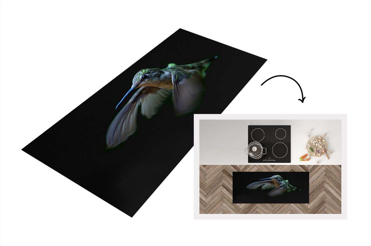 KitchenYeah Keukenloper - Loper keuken - Kolibrie - Vogel - Veren - Zwart - Keukenloper vinyl Multicolor