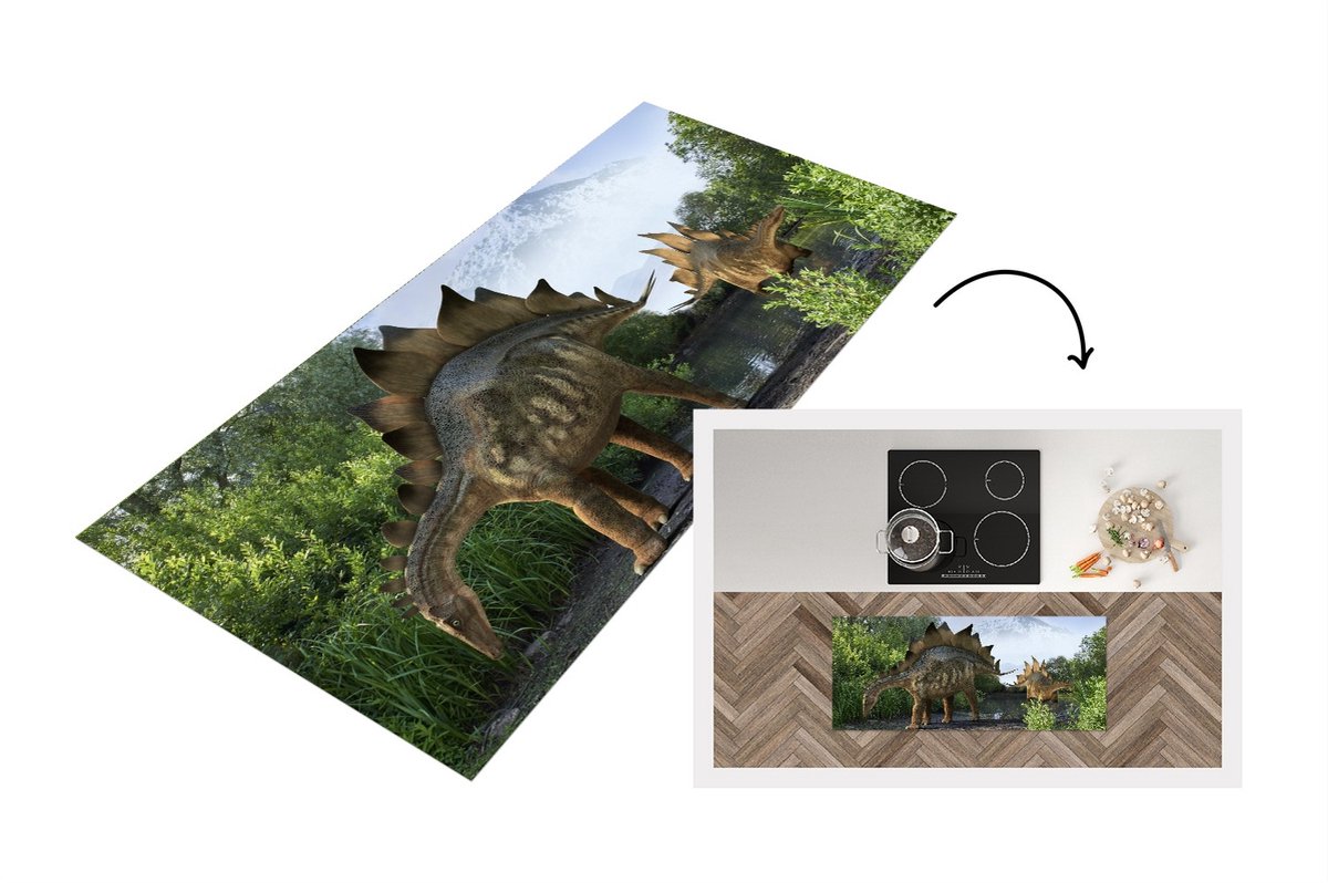 KitchenYeah Keukenloper - Loper keuken - Dinosaurus - Berg - Bos - Illustratie - 120x50 cm - Keukenloper vinyl Multicolor