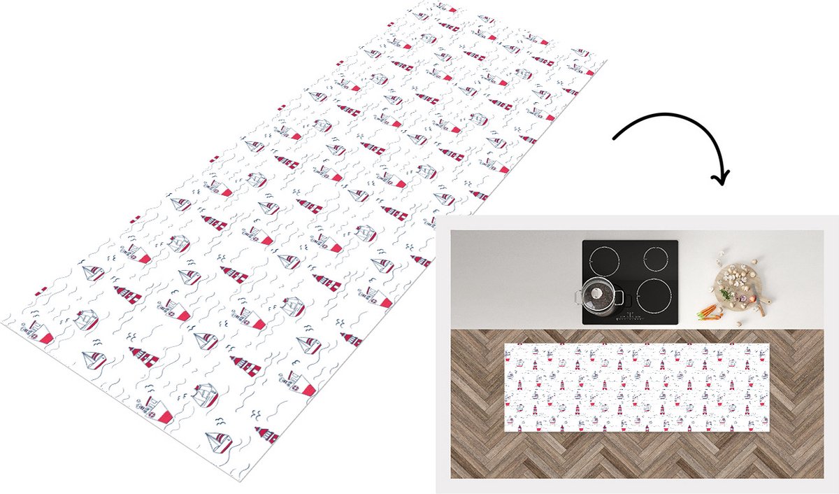 KitchenYeah Keukenloper - Loper keuken - Schepen - Vuurtoren - Patronen - 180x60 cm - Keukenloper vinyl Multicolor