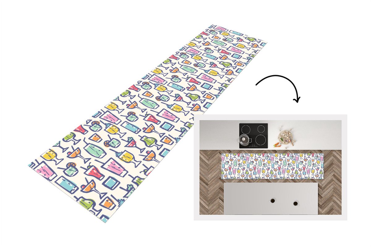 KitchenYeah Keukenloper - Loper keuken - Cocktail - Glas - Zomer - Patronen - 240x60 cm - Keukenloper vinyl Multicolor