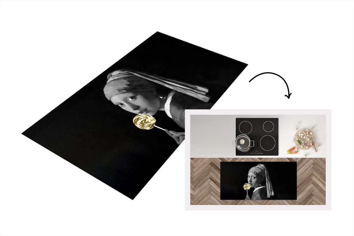 KitchenYeah Keukenloper - Loper keuken - Meisje met de parel - Black en gold - Snoep - 120x60 cm - Keukenloper vinyl Multicolor