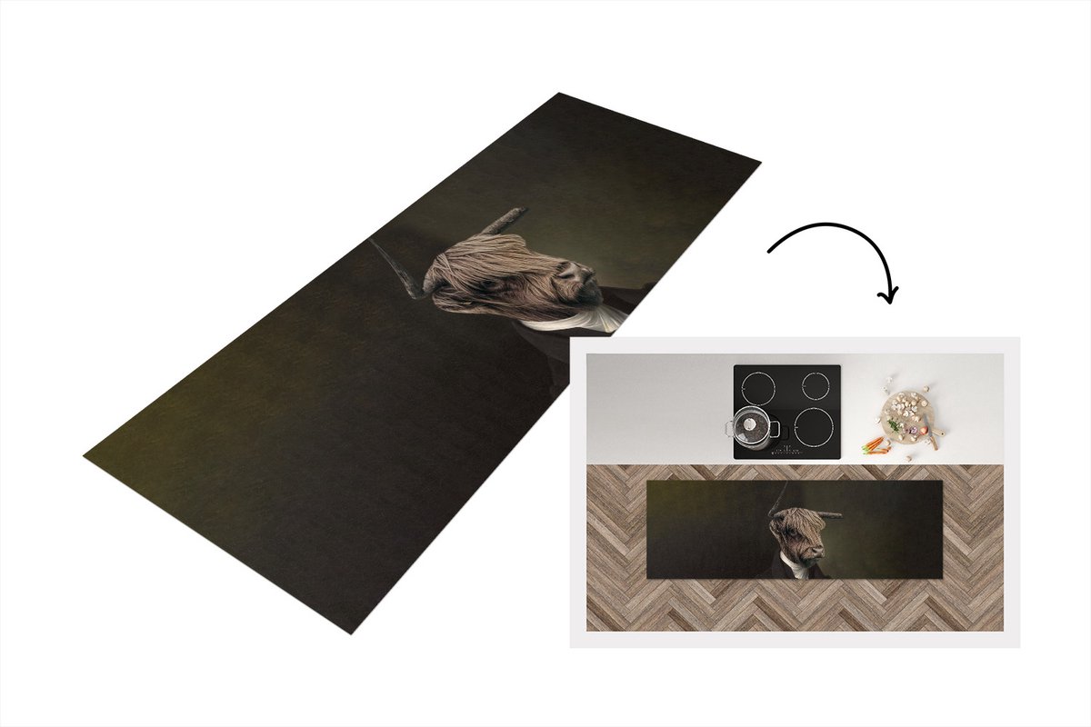 KitchenYeah Keukenloper - Loper keuken - Schotse hooglander - Koe - Kunst - 180x60 cm - Keukenloper vinyl Multicolor