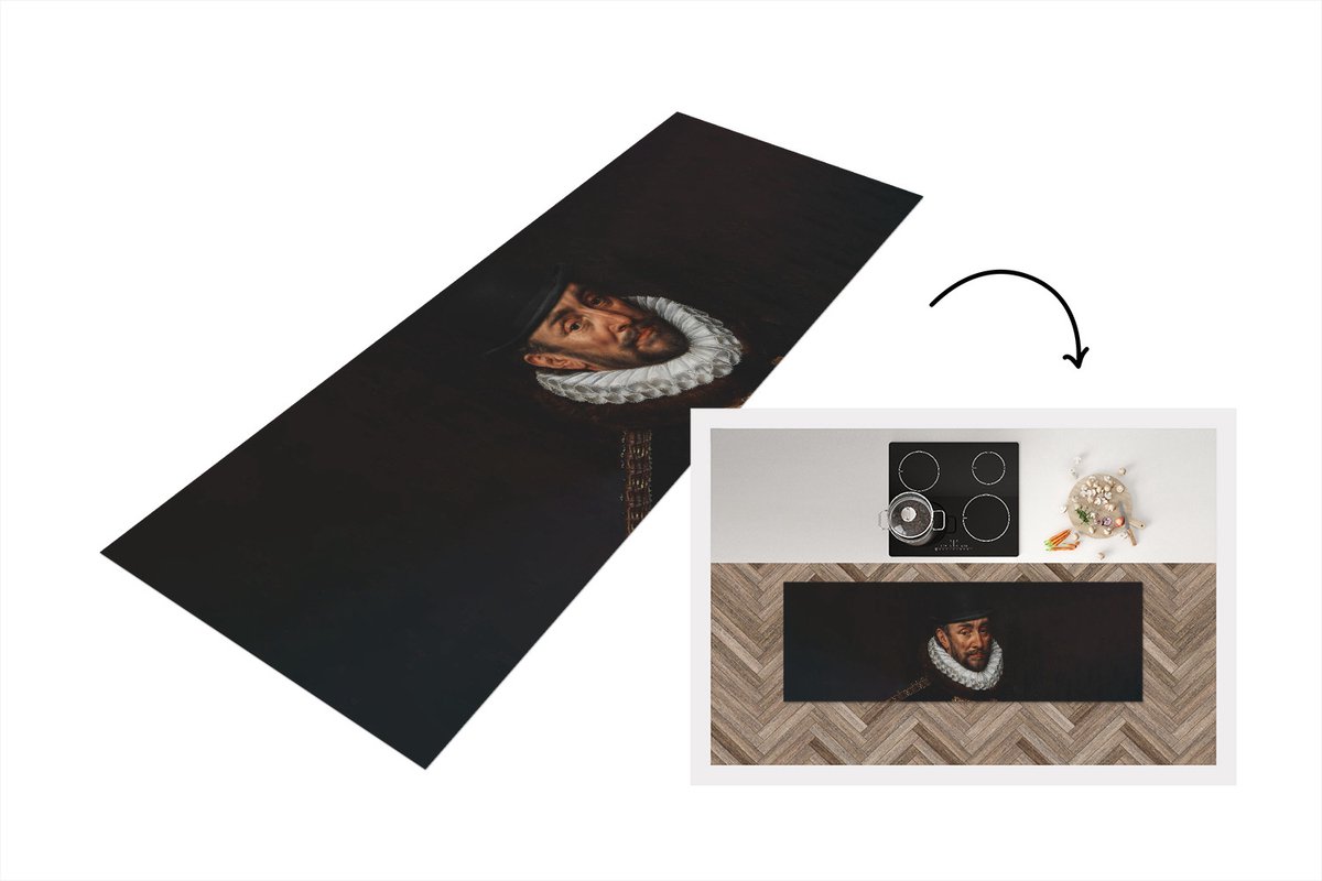 KitchenYeah Keukenloper - Loper keuken - Willem van Oranje - Adriaen Thomasz - Hoed - 180x60 cm - Keukenloper vinyl Multicolor