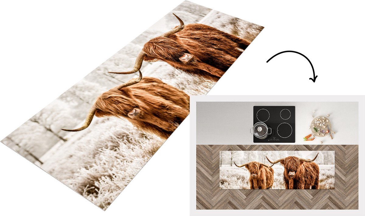 KitchenYeah Keukenloper - Loper keuken - Schotse hooglander - Dieren - Koe - 150x50 cm - Keukenloper vinyl Multicolor