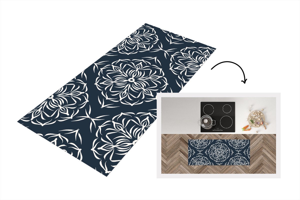 KitchenYeah Keukenloper - Loper keuken - Patroon - Bloem - Donkerblauw - 120x50 cm - Keukenloper vinyl Multicolor