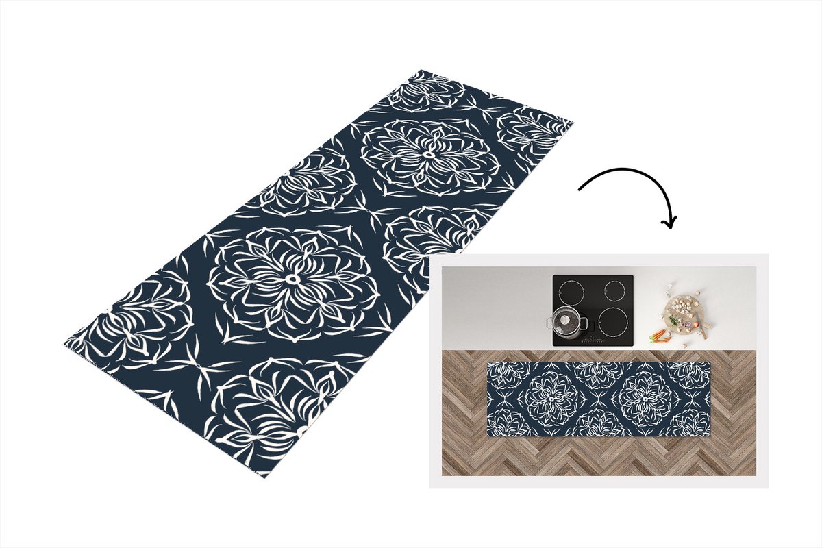 KitchenYeah Keukenloper - Loper keuken - Patroon - Bloem - Donkerblauw - 180x60 cm - Keukenloper vinyl Multicolor