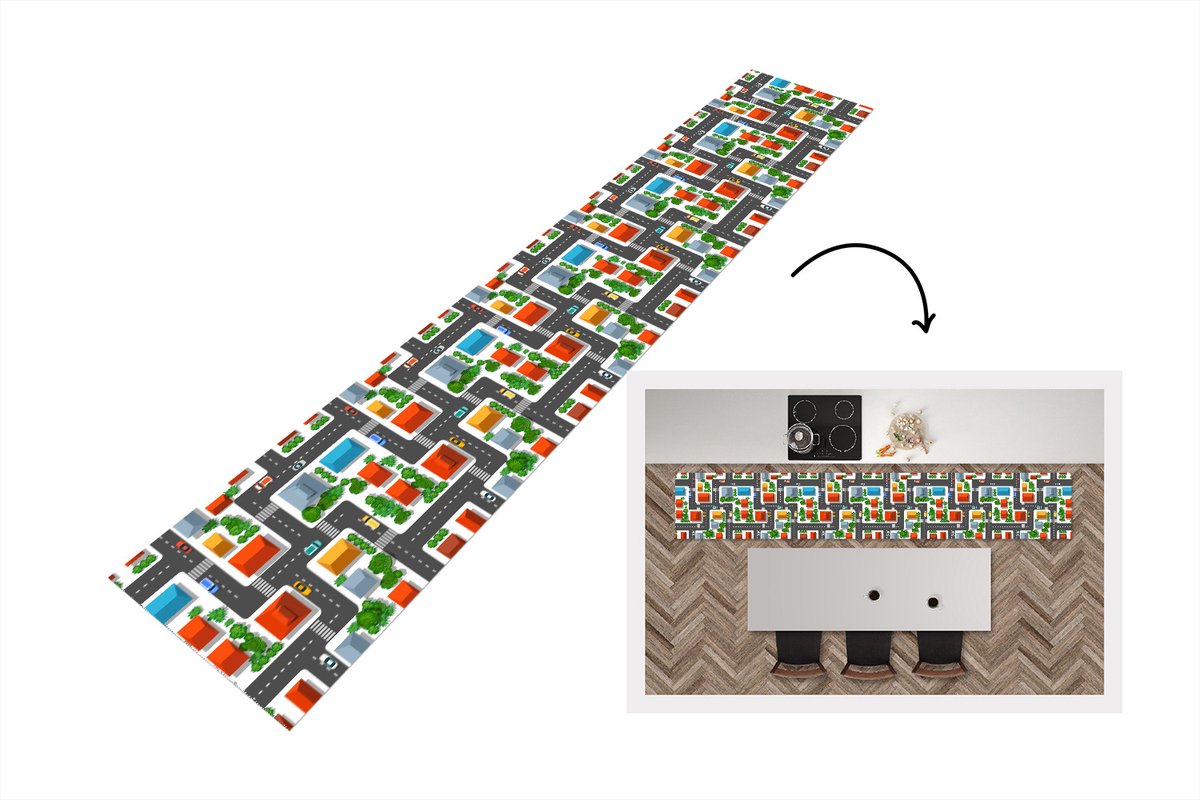 KitchenYeah Keukenloper - Loper keuken - Patronen - Auto - Huis - 300x50 cm - Keukenloper vinyl Multicolor