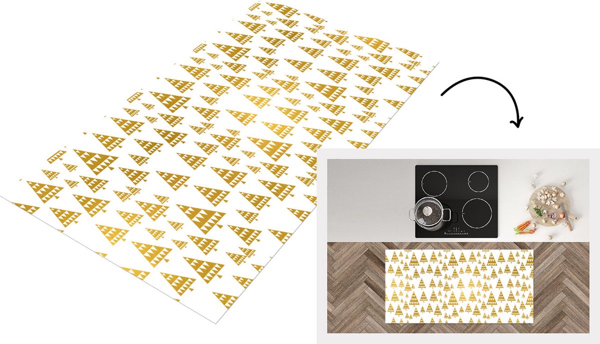 KitchenYeah Keukenloper - Loper keuken - Kerstmis - Kerstbomen - Goud - Patronen - 120x60 cm - Keukenloper vinyl Multicolor