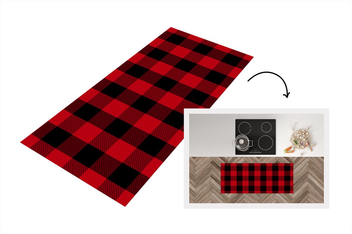 KitchenYeah Keukenloper - Loper keuken - Plaid - Rood - Zwart - Patroon - Keukenloper vinyl Multicolor