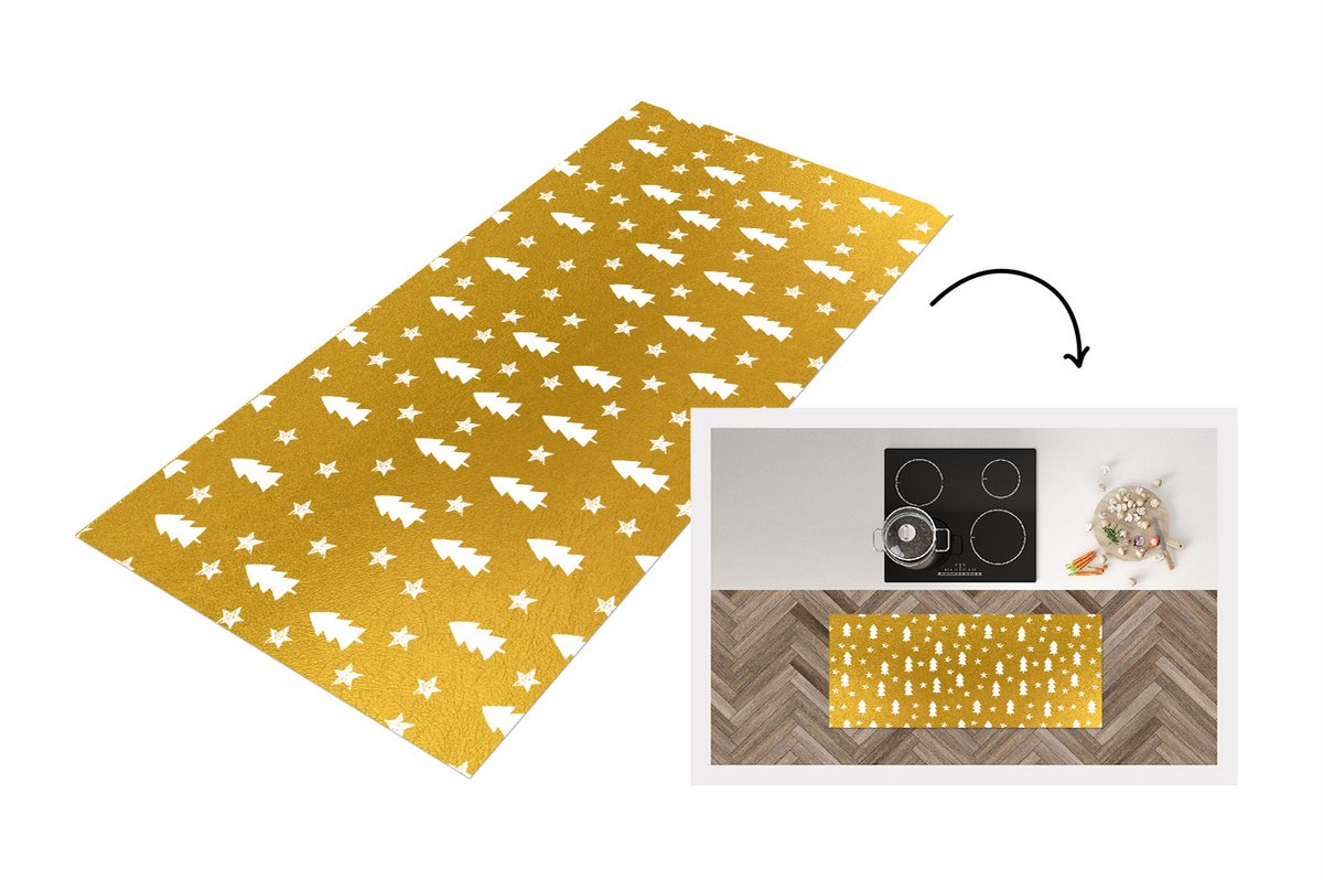 KitchenYeah Keukenloper - Loper keuken - Kerstbomen - Goud - Wit - Patroon - 120x50 cm - Keukenloper vinyl Multicolor