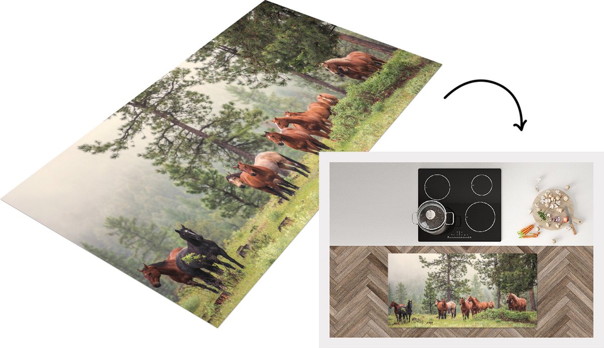 KitchenYeah Keukenloper - Loper keuken - Paarden - Bos - Mist - 120x60 cm - Keukenloper vinyl Multicolor