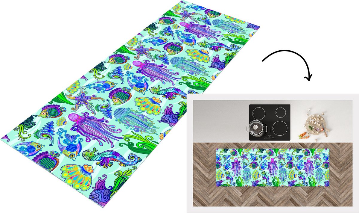 KitchenYeah Keukenloper - Loper keuken - Dieren - Regenboog - Vissen - Patronen - 180x60 cm - Keukenloper vinyl Multicolor