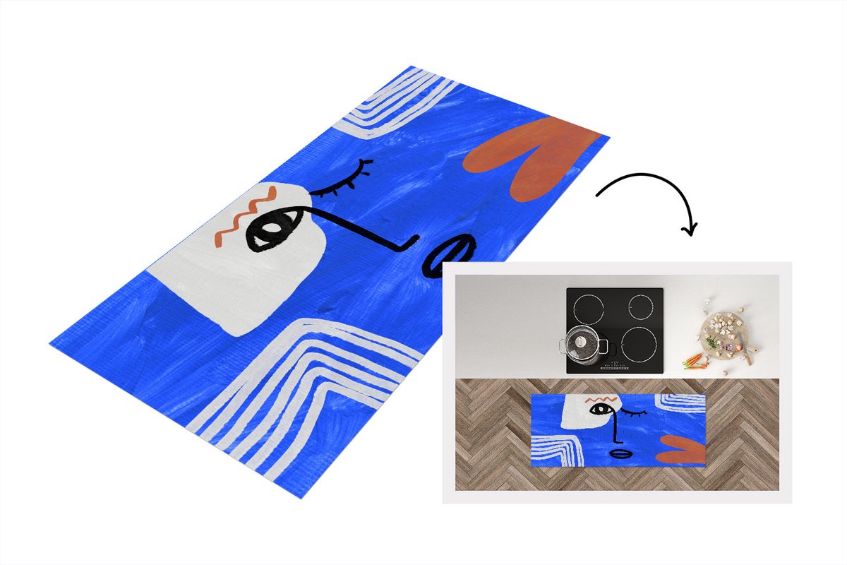 KitchenYeah Keukenloper - Loper keuken - Gezicht - Abstract - Blauw - 120x50 cm - Keukenloper vinyl Multicolor