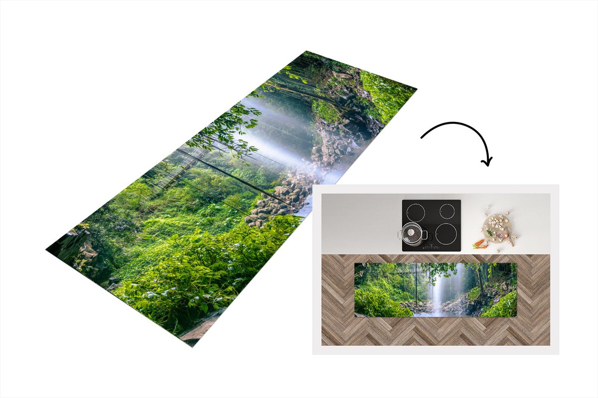 KitchenYeah Keukenloper - Loper keuken - Foto van regenwoud met waterval - 180x60 cm - Keukenloper vinyl Multicolor