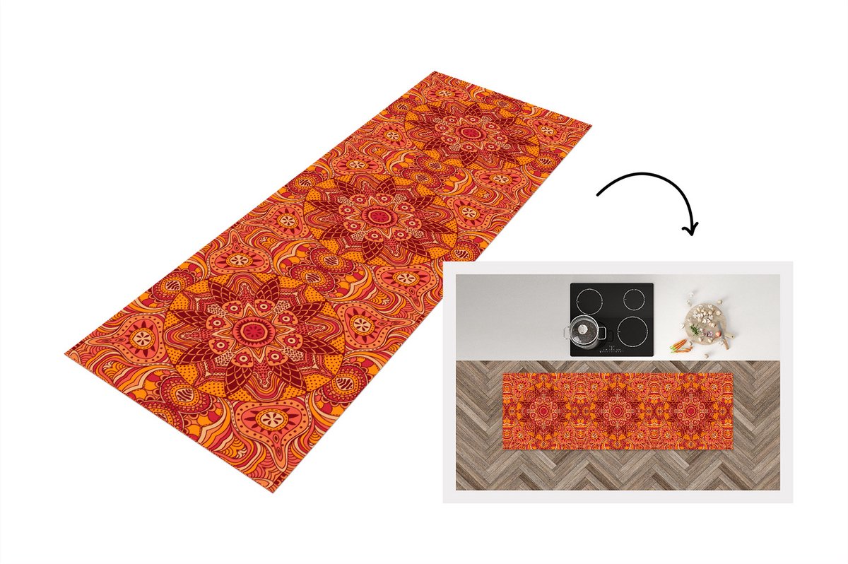 KitchenYeah Keukenloper - Loper keuken - Mandala - Patroon - Vintage - Oranje - Rood - 180x60 cm - Keukenloper vinyl Multicolor