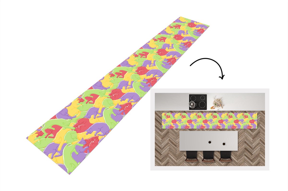 KitchenYeah Keukenloper - Loper keuken - Katten - Regenboog - Kinderen - Pastel - Patronen - 300x50 cm - Keukenloper vinyl Multicolor