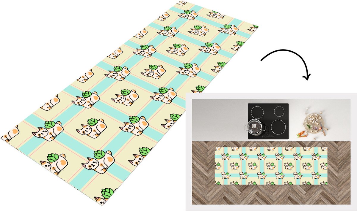 KitchenYeah Keukenloper - Loper keuken - Katten - Planten - Pastel - Kind - Patroon - 180x60 cm - Keukenloper vinyl Multicolor