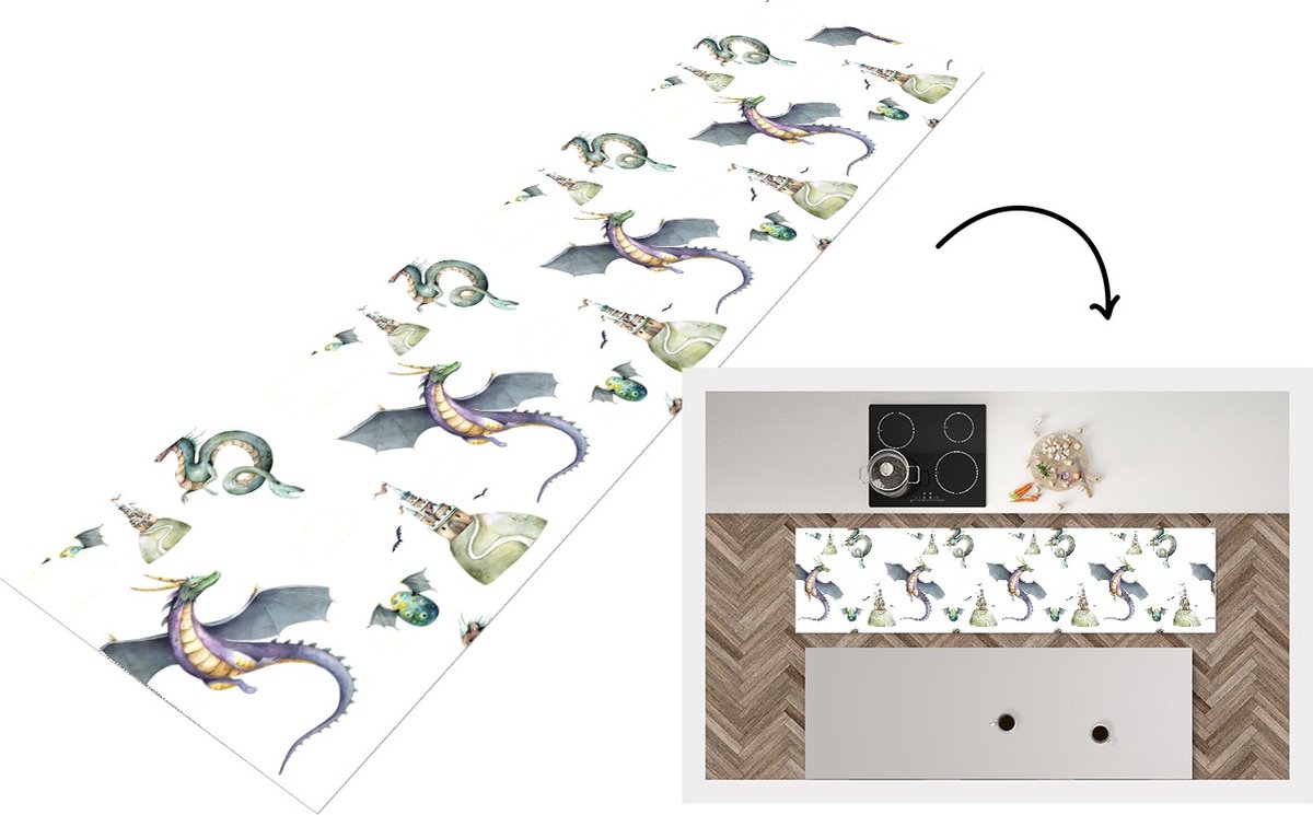 KitchenYeah Keukenloper - Loper keuken - Jongens - Patronen - Draak - Kasteel - 200x50 cm - Keukenloper vinyl Multicolor