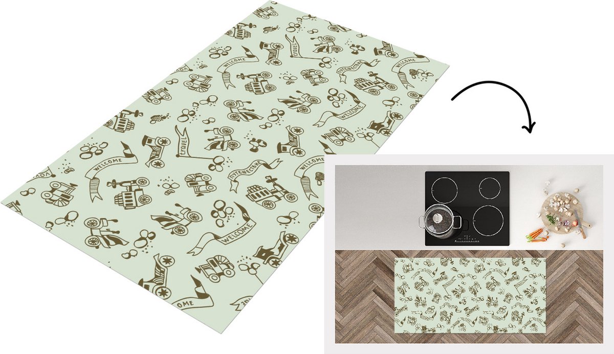 KitchenYeah Keukenloper - Loper keuken - Vintage - Auto - Oldtimer - Jongen - Patroon - 120x60 cm - Keukenloper vinyl Multicolor