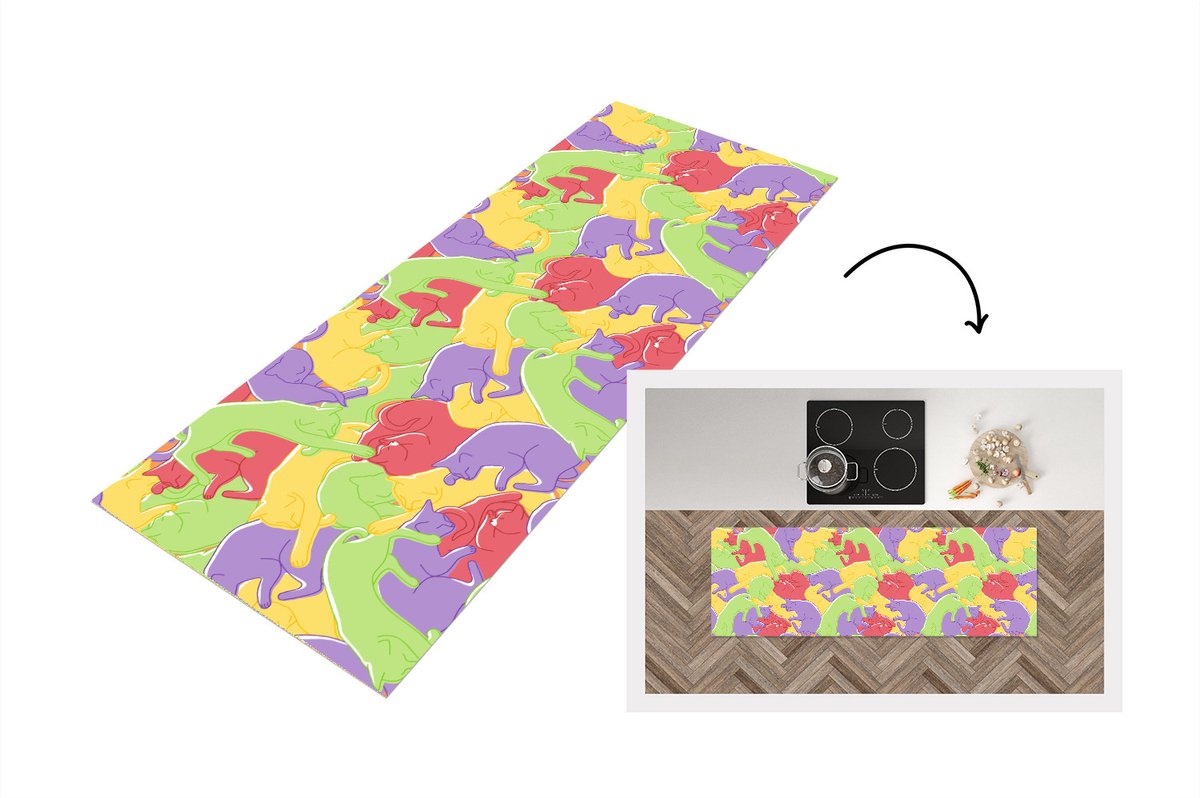 KitchenYeah Keukenloper - Loper keuken - Katten - Regenboog - Kinderen - Pastel - Patronen - 150x50 cm - Keukenloper vinyl Multicolor