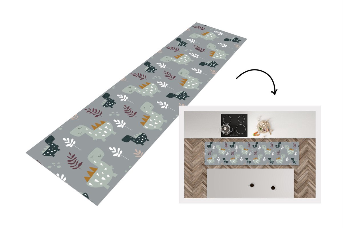 KitchenYeah Keukenloper - Loper keuken - Patronen - Jongens - Kinderen - Dinosaurus - Keukenloper vinyl multicolor, foto 4
