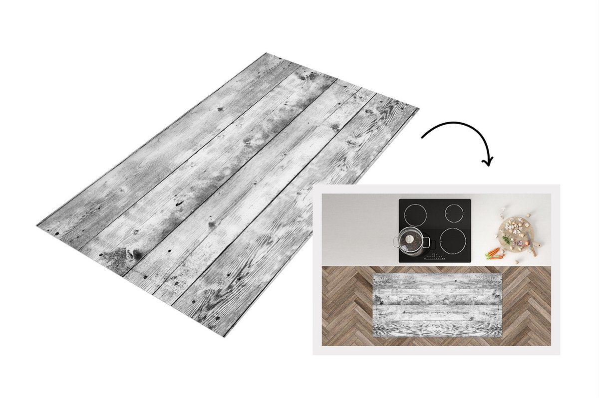 KitchenYeah Keukenloper - Loper keuken - Grijs - Wit - Brocante - Planken - Hout - Keukenloper vinyl, foto 2