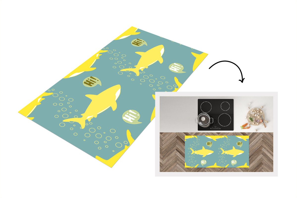 KitchenYeah Keukenloper - Loper keuken - Haai - Cartoon - Geel - Patronen - Tiener - 120x60 cm - Keukenloper vinyl Multicolor