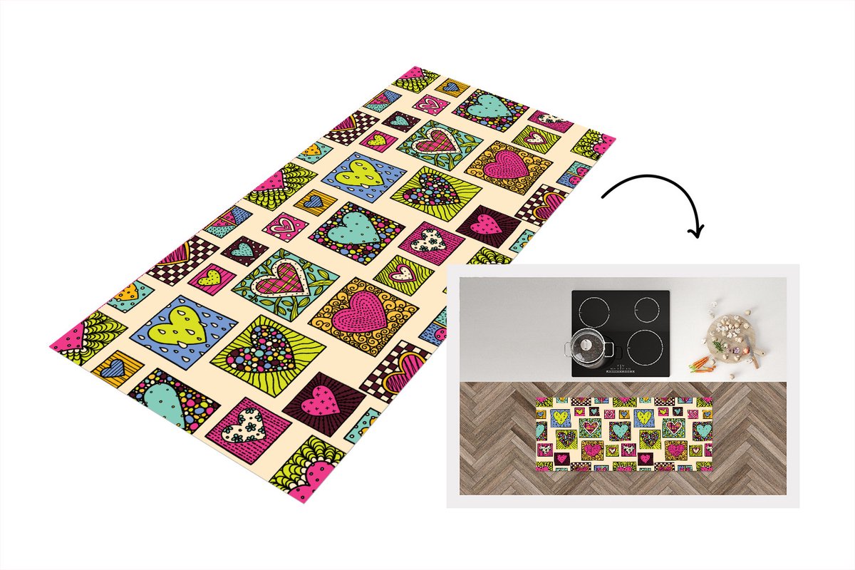 KitchenYeah Keukenloper - Loper keuken - Bohemian - Hartjes - Doodle - Patronen - 120x50 cm - Keukenloper vinyl Multicolor