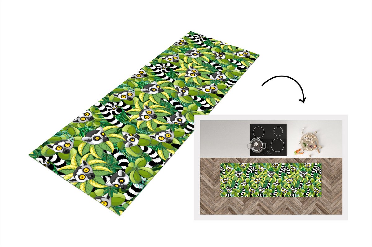 KitchenYeah Keukenloper - Loper keuken - Patroon - Jungle - Ringstaartmaki - 150x50 cm - Keukenloper vinyl Multicolor
