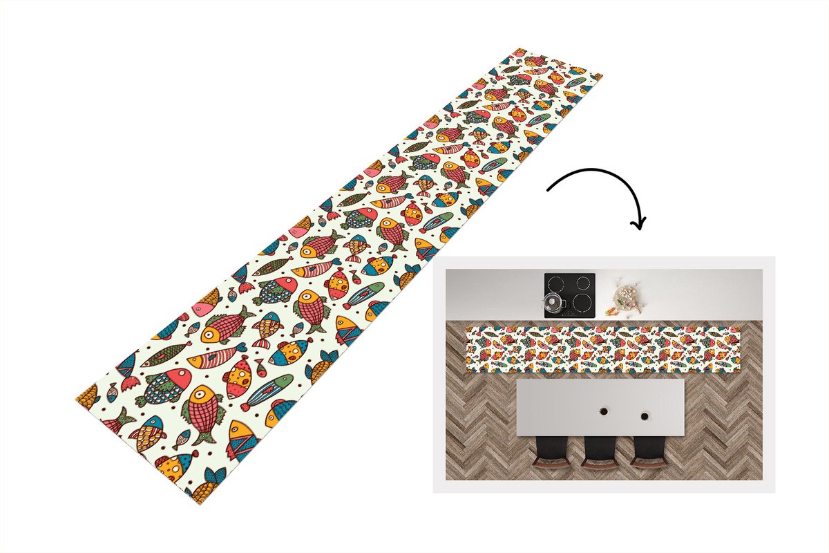 KitchenYeah Keukenloper - Loper keuken - Patroon - Zee - Vis - Zeedieren - 300x50 cm - Keukenloper vinyl Multicolor