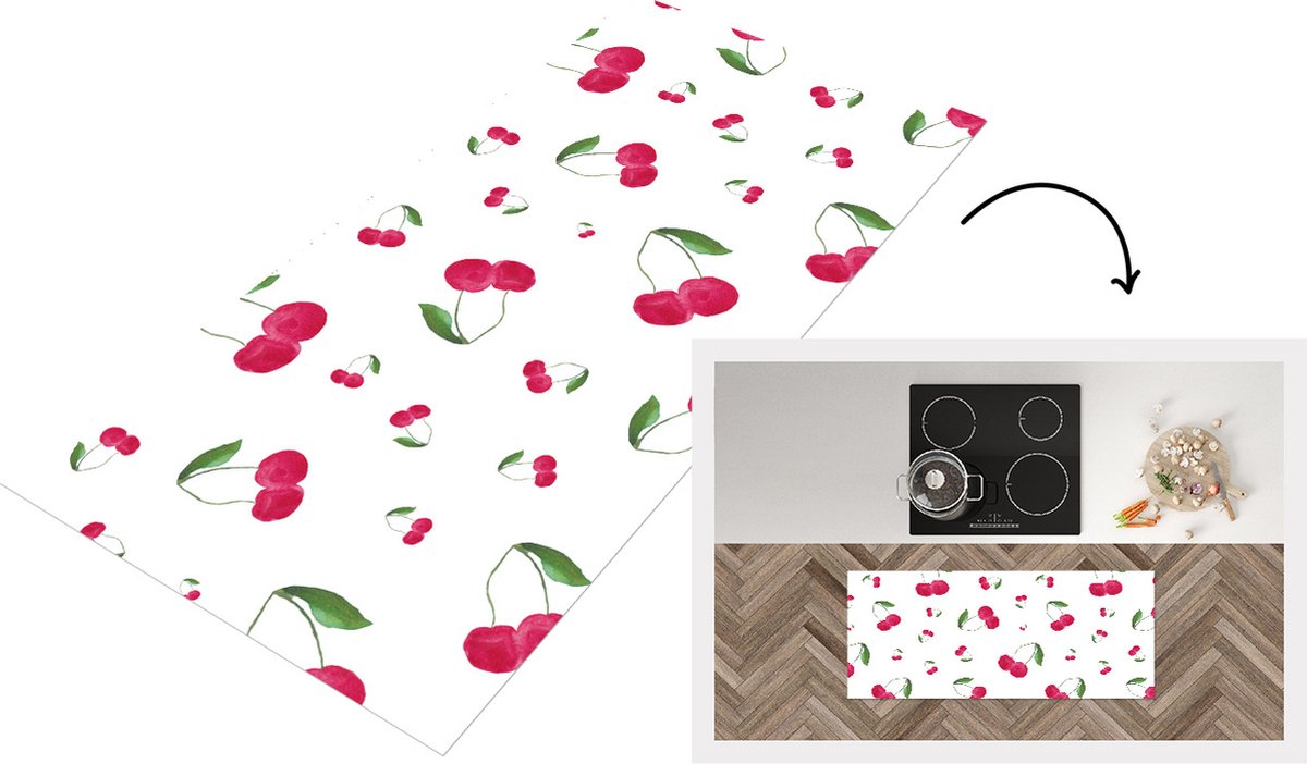 KitchenYeah Keukenloper - Loper keuken - Kersen - Rood fruit - Wit - 120x50 cm - Keukenloper vinyl Multicolor