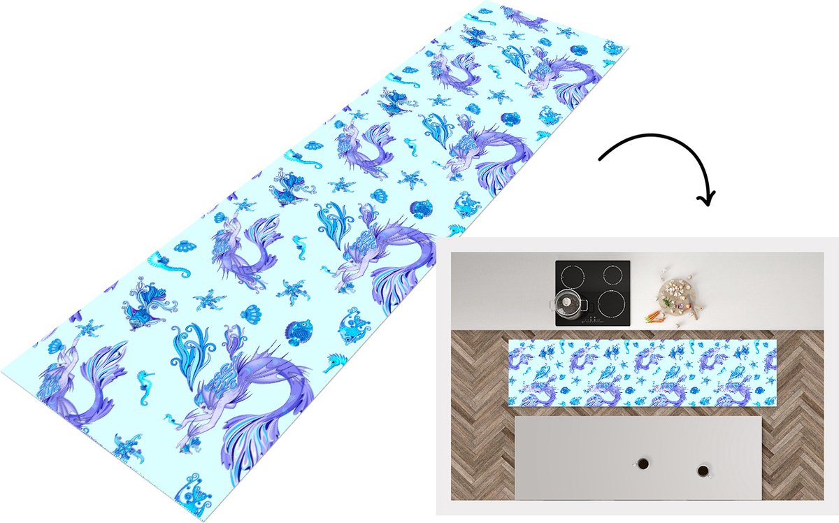 KitchenYeah Keukenloper - Loper keuken - Patronen - Vis - Zeemeermin - Mermaid - 240x60 cm - Keukenloper vinyl Multicolor