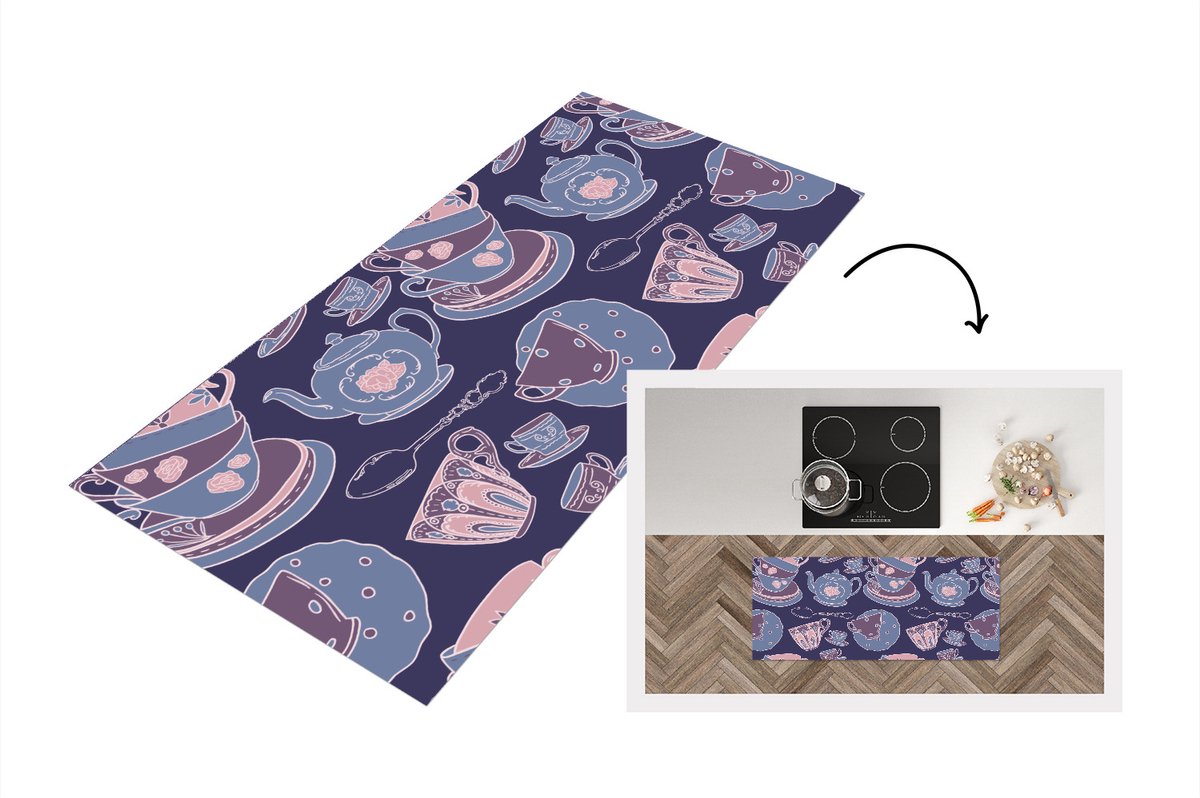 KitchenYeah Keukenloper - Loper keuken - Patroon - Thee - Kop - Theepot - 120x50 cm - Keukenloper vinyl Multicolor