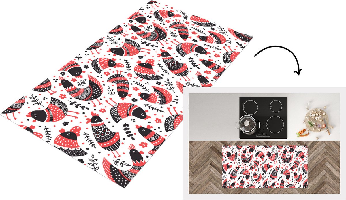 KitchenYeah Keukenloper - Loper keuken - Vogel - Kip - Patroon - 120x60 cm - Keukenloper vinyl Multicolor