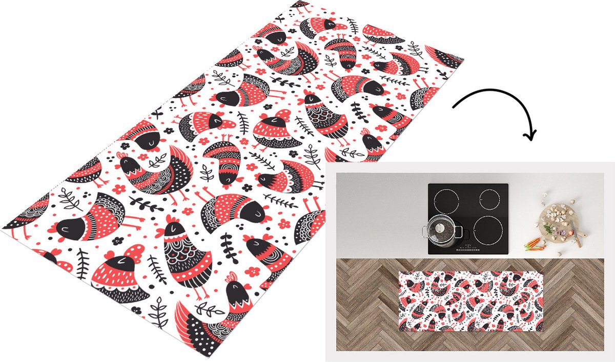 KitchenYeah Keukenloper - Loper keuken - Vogel - Kip - Patroon - 120x50 cm - Keukenloper vinyl Multicolor