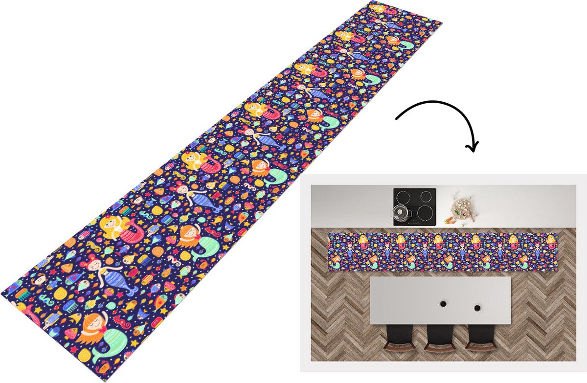 KitchenYeah Keukenloper - Loper keuken - Zeemeermin - Vissen - Patronen - 300x50 cm - Keukenloper vinyl Multicolor