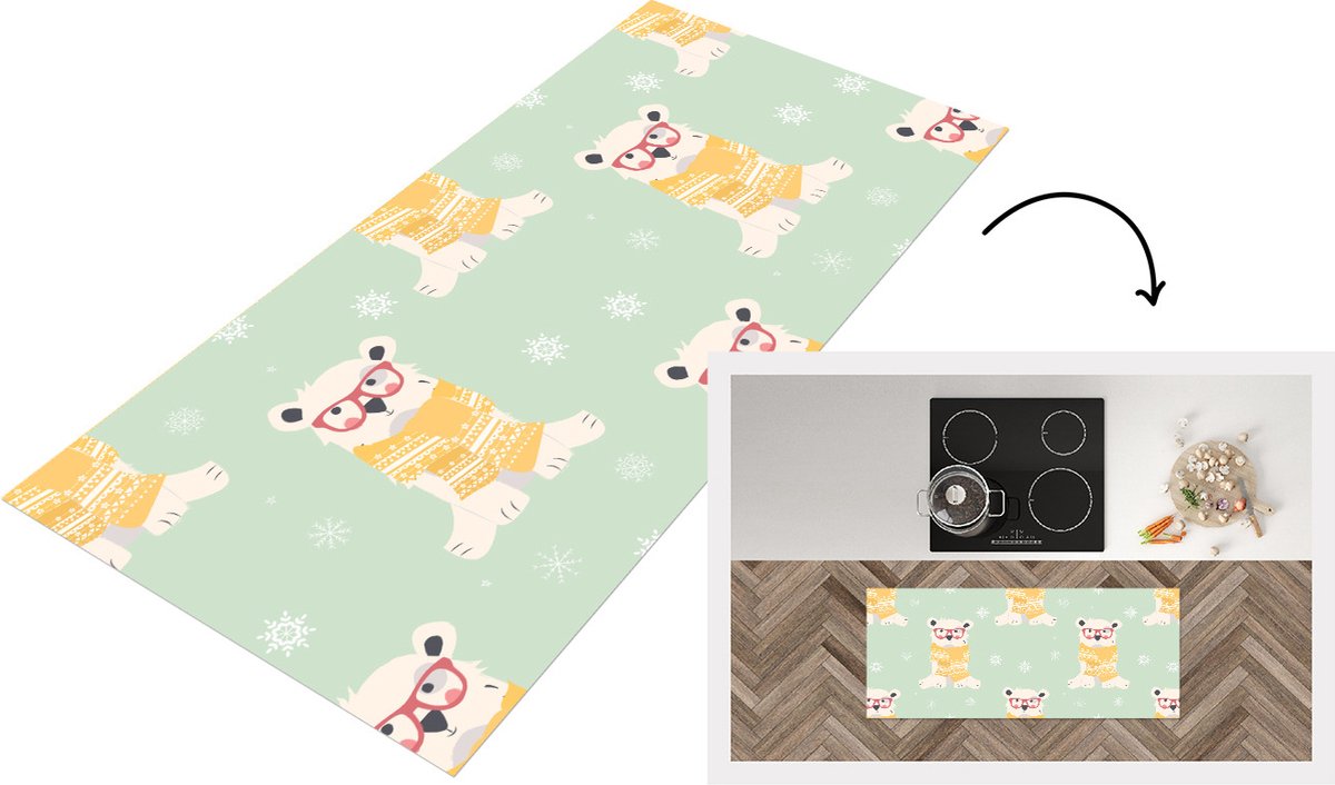 KitchenYeah Keukenloper - Loper keuken - IJsbeer - Patroon - Sjaal - 120x50 cm - Keukenloper vinyl Multicolor